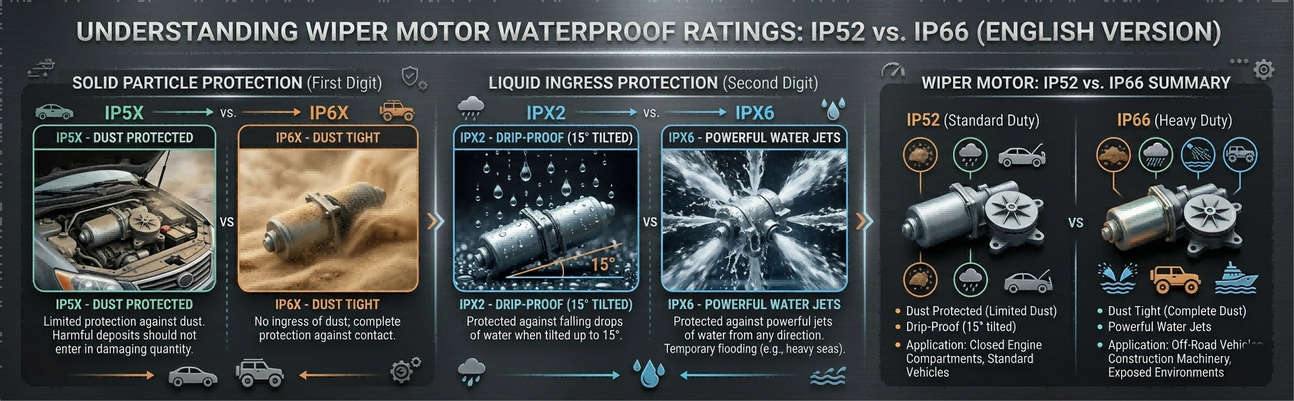 Wiper motor undergoing high-pressure water jet testing for IP66 rating compliance