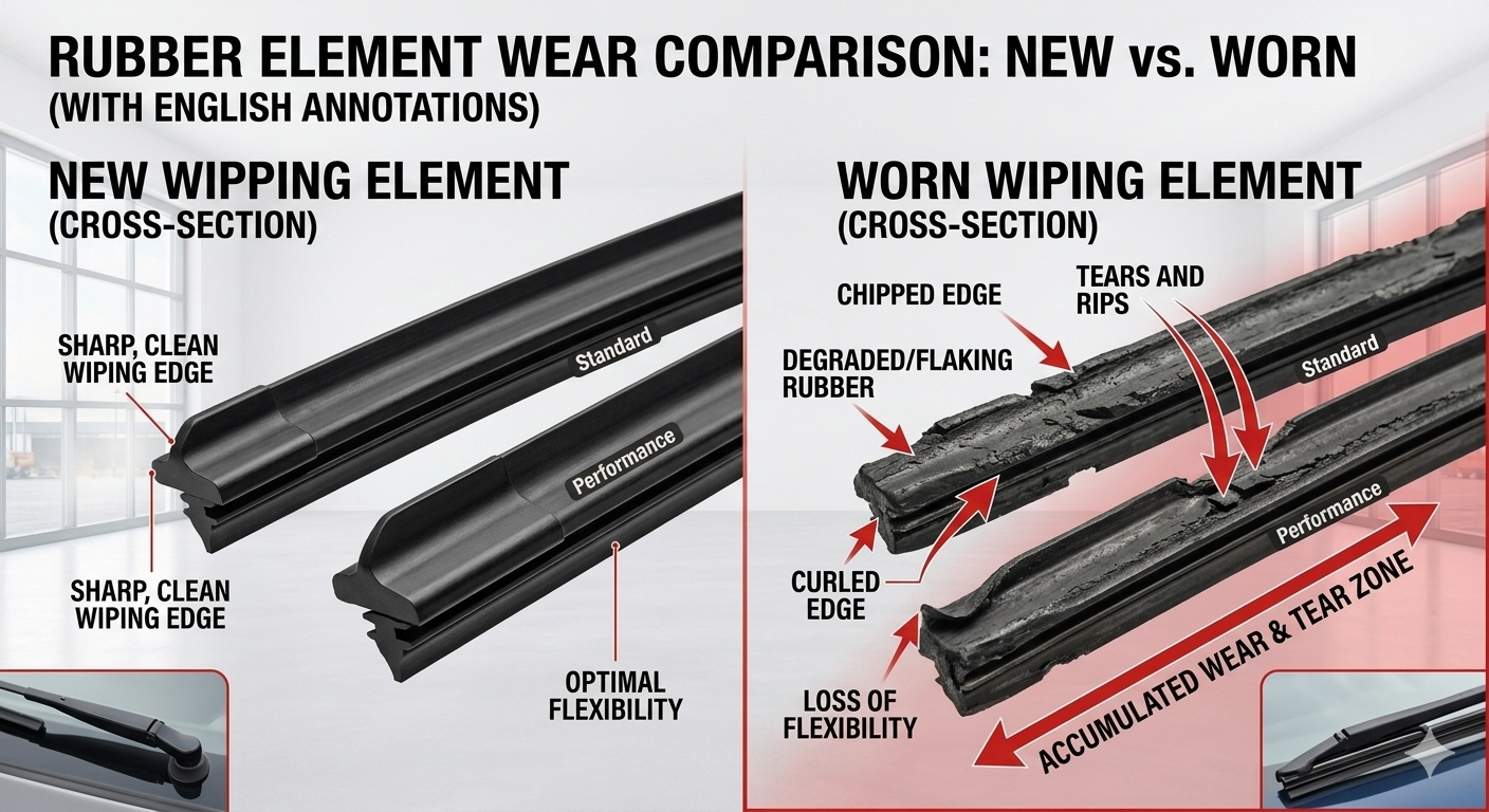 The wear of the edges of the new and old rubber strips is compared, and the wear area is marked with a red arrow. The wear of the edges of the new and old rubber strips is compared, and the wear area is marked with a red arrow.