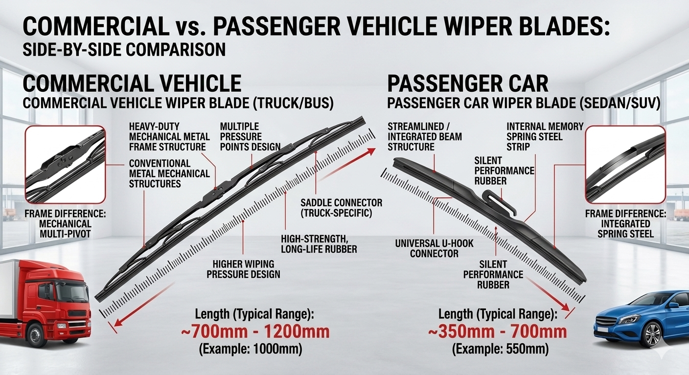 Side-by-side comparison of commercial vehicle and passenger vehicle wipers Side-by-side comparison of commercial vehicle and passenger vehicle wipers