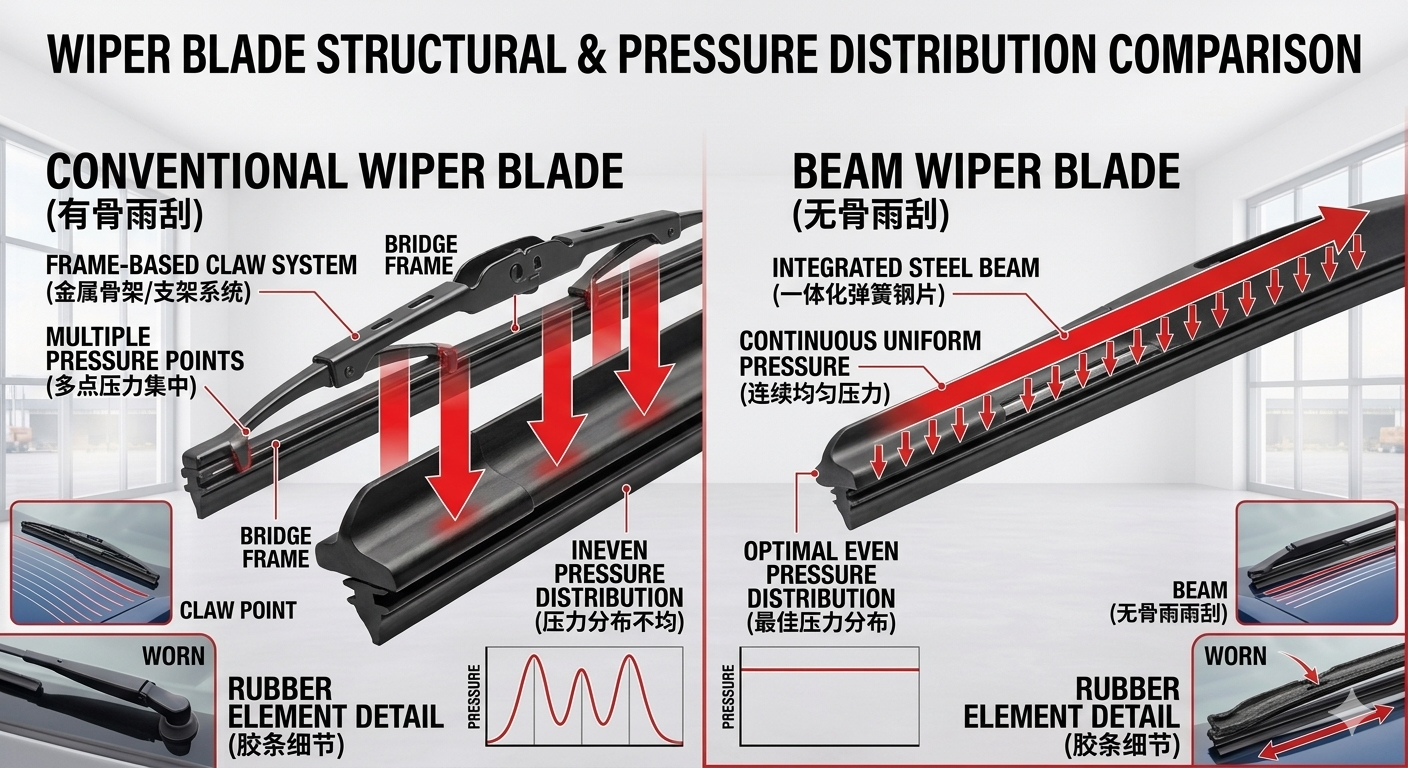 Comparison chart of the structure of bone wiper vs. non-bone wiper, showing the way of pressure distribution Comparison chart of the structure of bone wiper vs. non-bone wiper, showing the way of pressure distribution