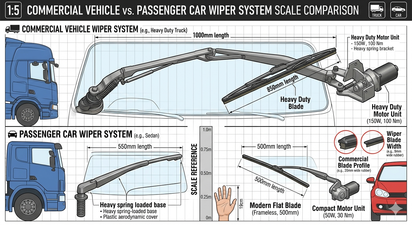 Comparison of size of commercial vehicle and passenger car wiper systems