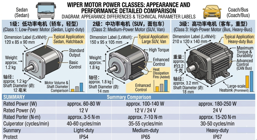bus wiper motor power classes 50W to 180W