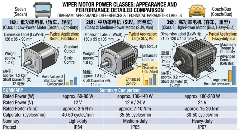 bus wiper motor power classes 50W to 180W