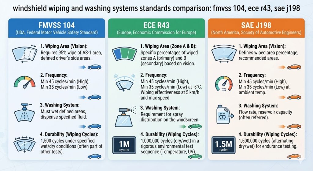 Comparison of FMVSS 104 ECE R43 and SAE J198 wiper standards