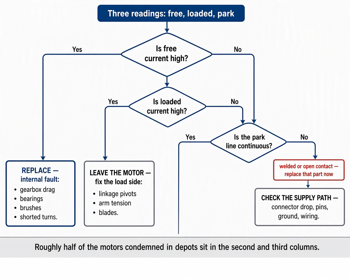Decision tree from three wiper motor readings to replace, repair load side, or check supply path