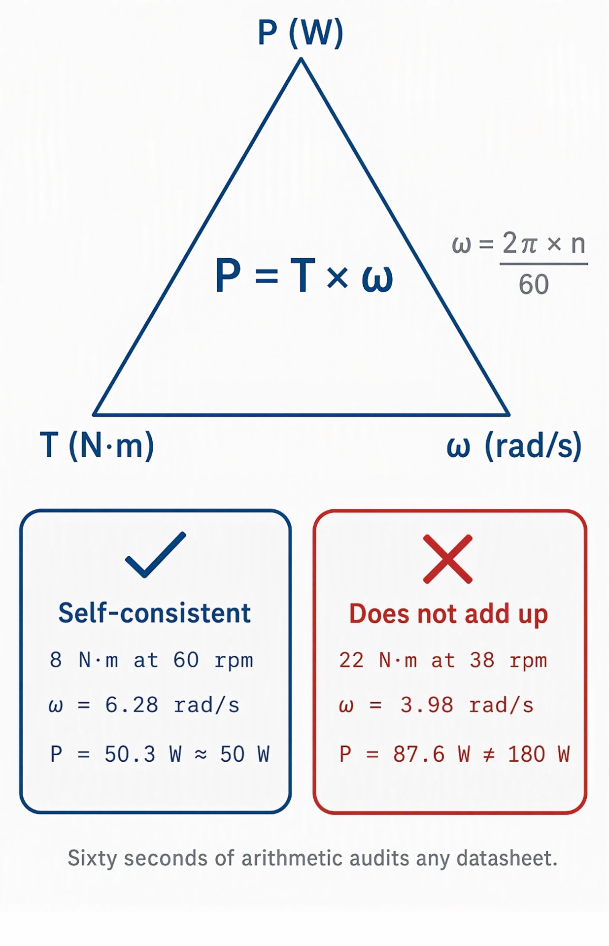 P = T × ω triangle with a self-consistent and an inconsistent wiper motor datasheet example