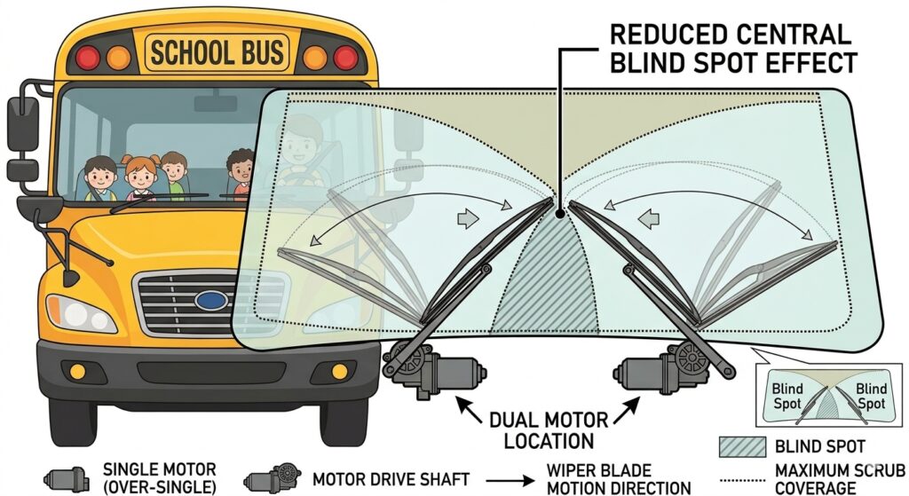 Opposed wiper system layout on kindergarten school bus windshield