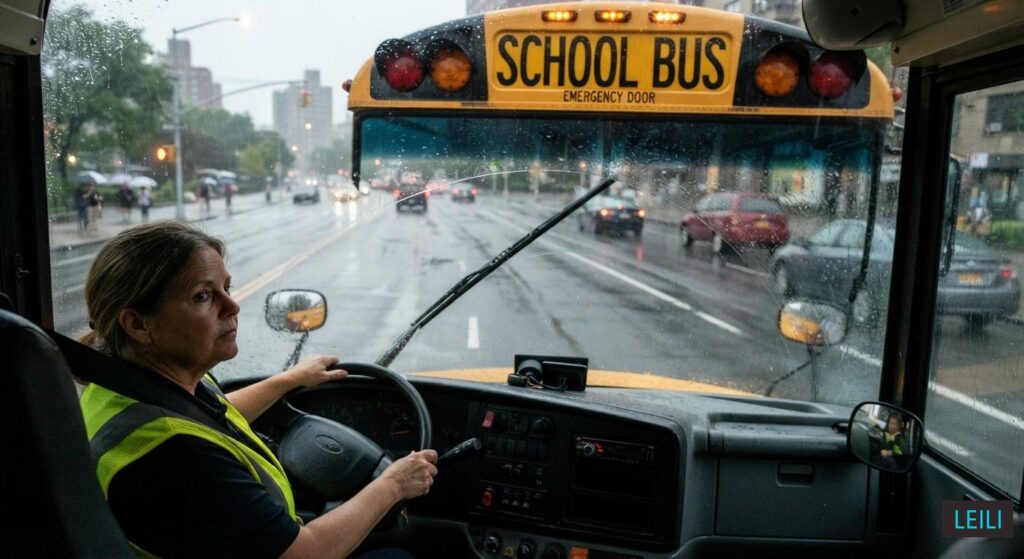 School bus driving in rain with wipers maintaining driver visibility