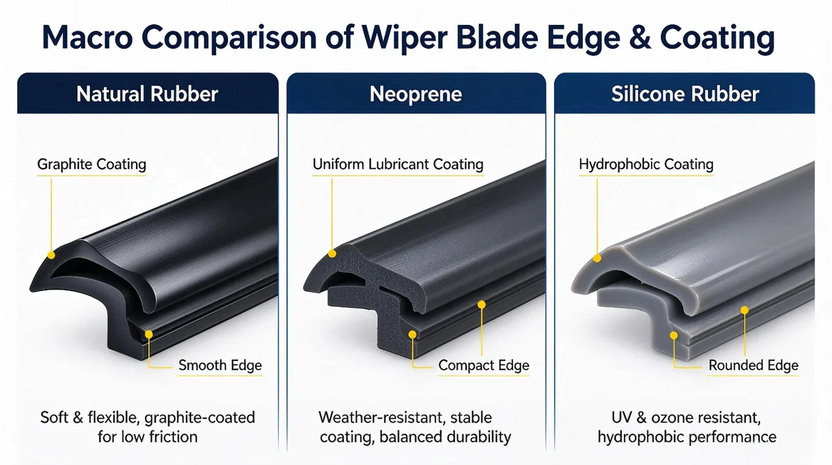 Wiper blade rubber compounds compared: natural rubber, chloroprene (CR) and silicone elements
