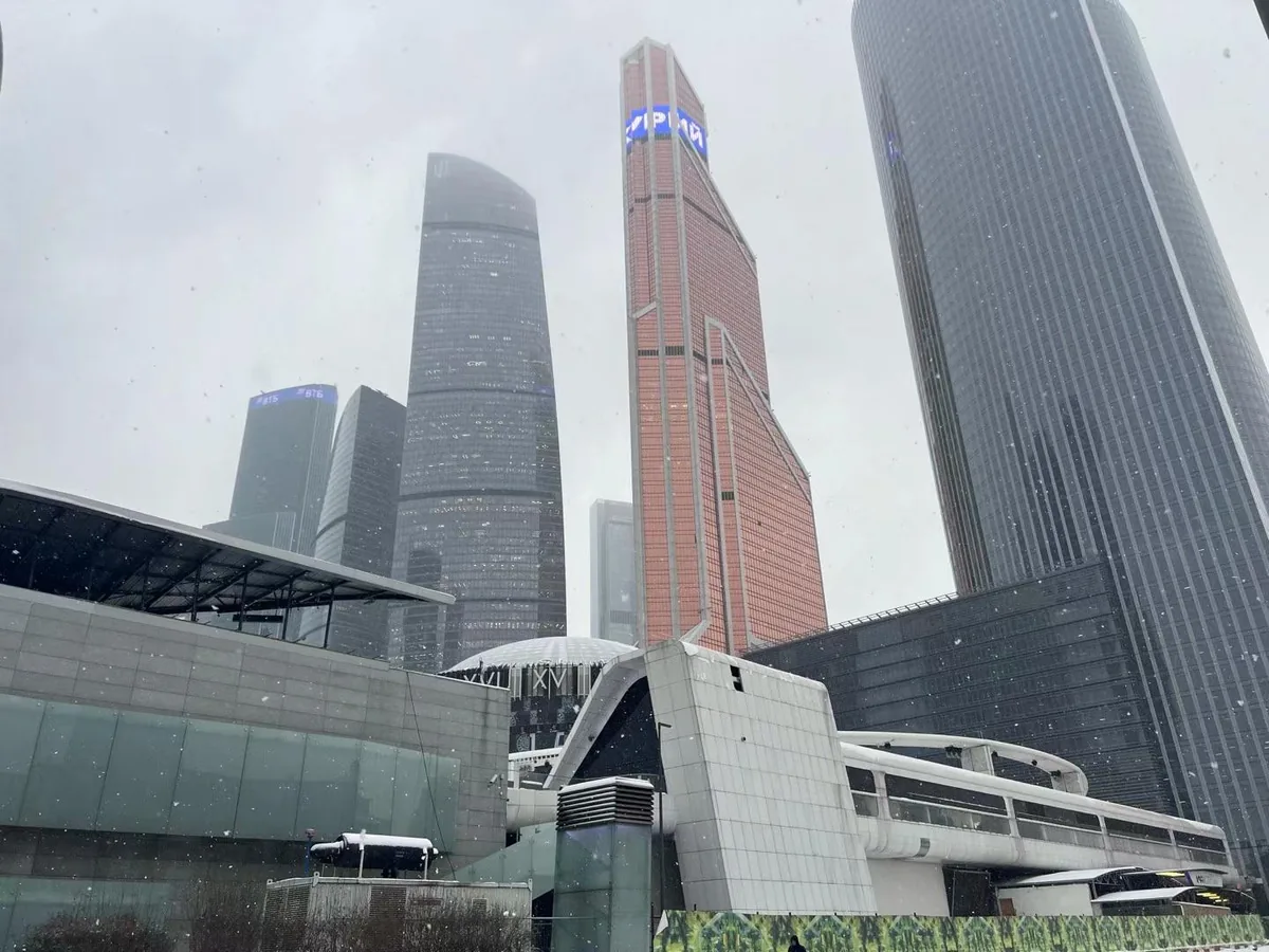 Moscow City towers in winter snow during ComTrans 2024